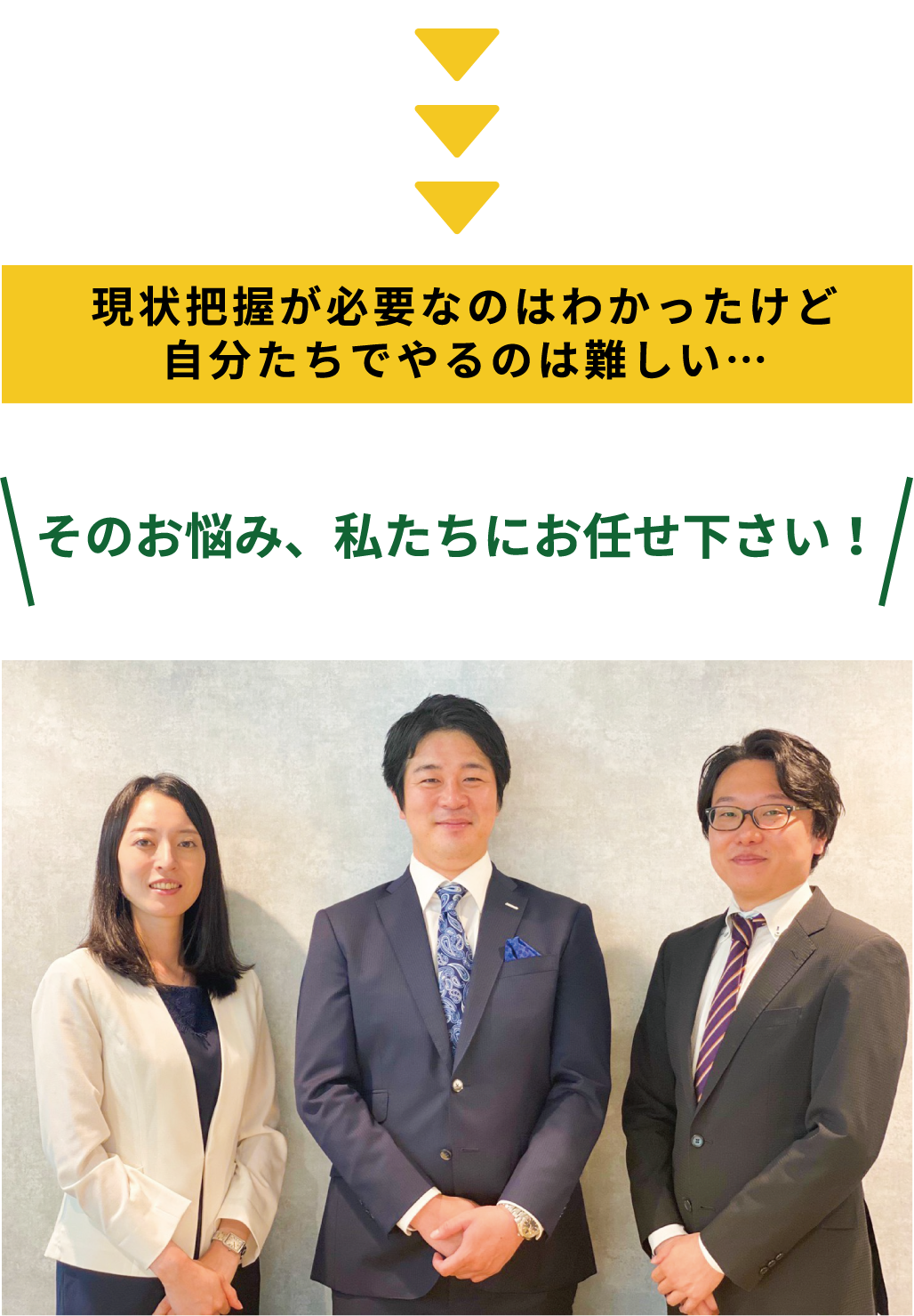 現状把握が必要なのはわかったけど⾃分たちでやるのは難しい…そのお悩み、私たちにお任せ下さい！